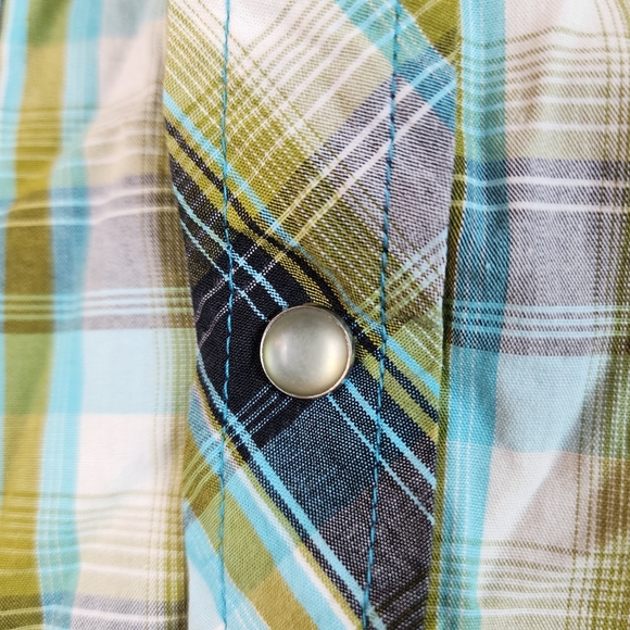 Prana Mens Small Plaid Casual Button Down Shirt Collar Logo Outdoors Blue Green - Picture 3 of 4